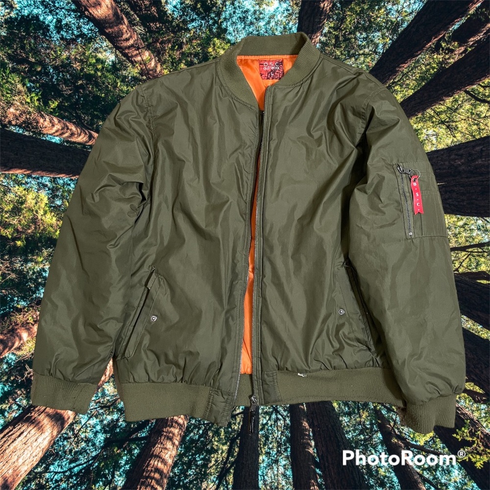 O.S.C Old Skool Bomber-Style Jacket Coat Military Green & Orange Large